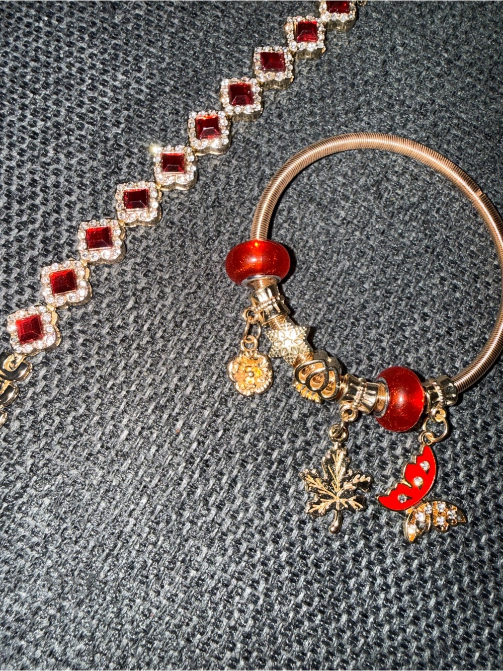 Gold-Tone Charm Bracelet with Red Enamel Beads